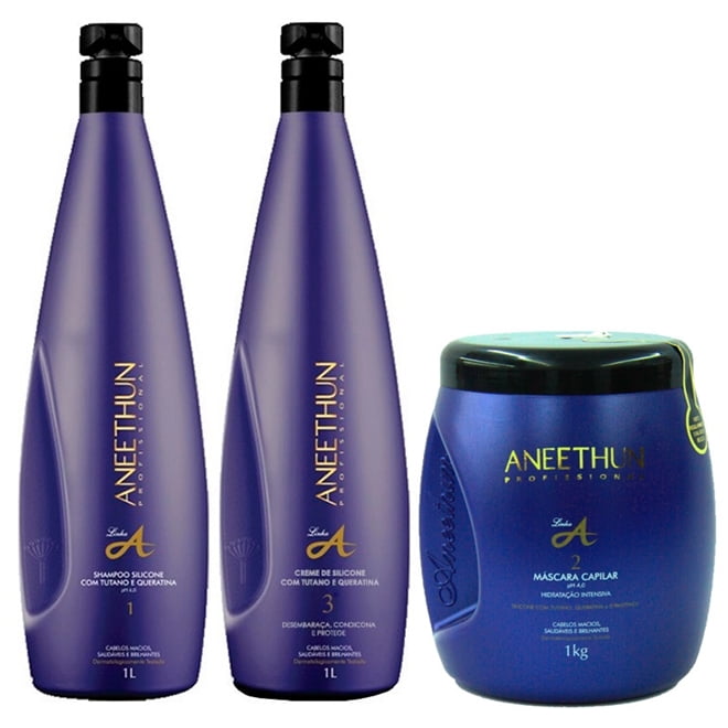 Aneethun Linha A Kit  Shampoo 1 litro + Creme de Silicone 1 Litro + Máscara Capilar Hidratação Intensiva Aneethun 1 Kilo